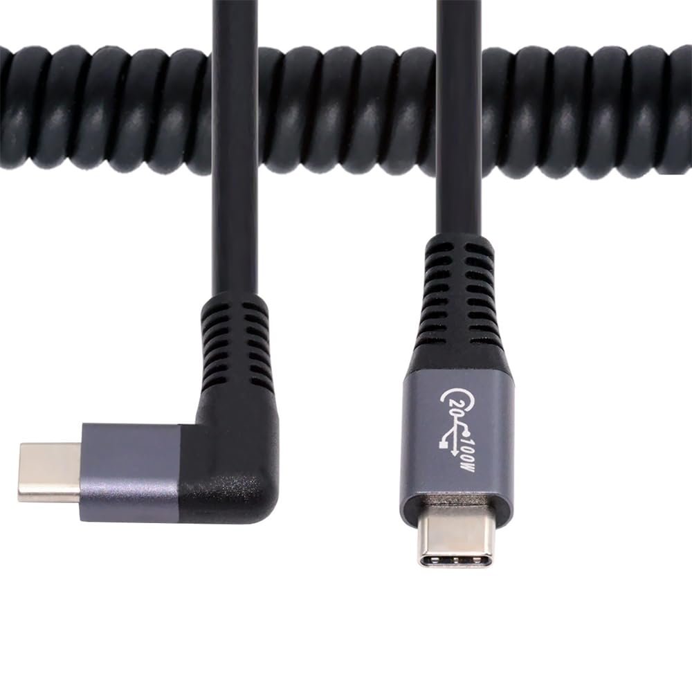NFHK Stretch Coiled USB-C USB4 Cable 20Gbps 100W 8K Type-C Male to Male Right Angled Cable Power & Data for Laptop Keyboard Tablet