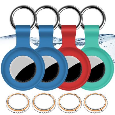 4Pack,for Apple Airtag Holder Case with Keychain,IPX8 Waterproof,Shockproof GPS Air Tag Tracker Cover [Anti-Scratch] [PC+Silicone] for Item Finders Case for Pets,Kids,Luggages-Blue/Blue/Green/Red