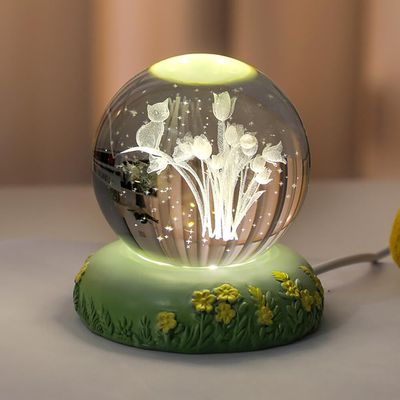 Katutude Crystal Ball Night Light Flowers 3D Rose Tulip Carved Crystal Ball Table Lamp USB LED Night Light Cute Cat Figurine Crystal Ball Bedroom Decorations Birthday Gift for Kids Adults (Dia 6cm)