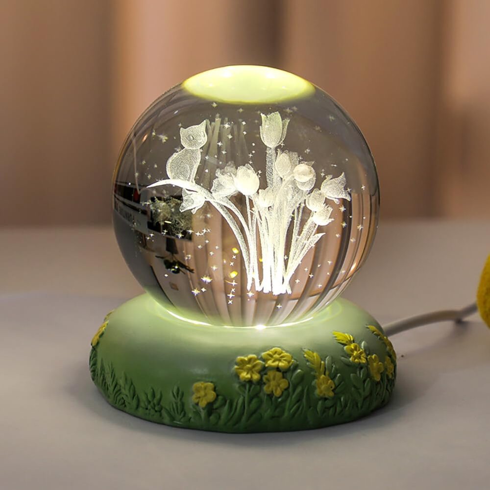 Katutude Crystal Ball Night Light Flowers 3D Rose Tulip Carved Crystal Ball Table Lamp USB LED Night Light Cute Cat Figurine Crystal Ball Bedroom Decorations Birthday Gift for Kids Adults (Dia 6cm)