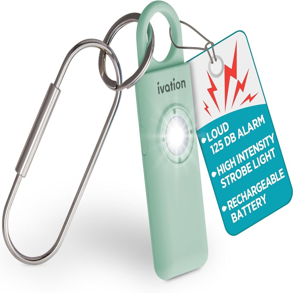Ivation Personal Rechargeable SOS Alarm, Pocket Size Loud 130dB Sound Safety Siren & LED Panic Strobe Light with Carabiner Keychain Clip for Women, Children & Seniors, Green