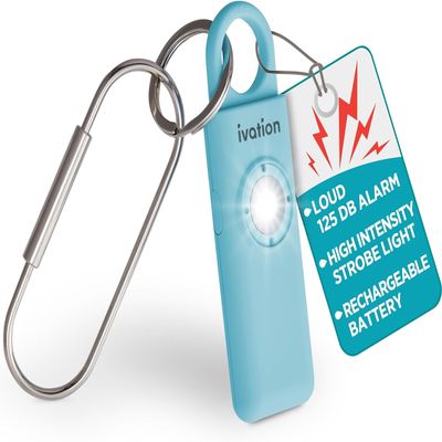 Ivation Personal Rechargeable SOS Alarm, Pocket Size Loud 130dB Sound Safety Siren & LED Panic Strobe Light with Carabiner Keychain Clip for Women, Children & Seniors, Aqua