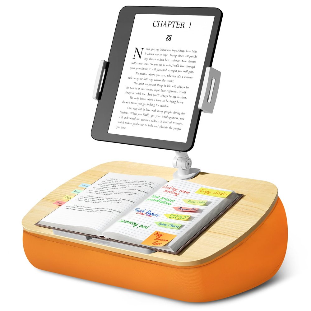 ERGONOV Cozy Pillow Stand with 360 Adjustable Tablet Holder, Wooden Panel, iPad Stand for Hands Free Reading in Bed, Couch, Sofa, Compatible with 4.7"-13" Kindle, iPad, Phone, up to 14" Laptop