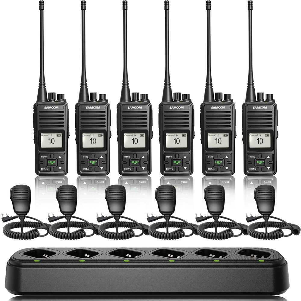 SAMCOM FPCN10A 6 Pcs UHF Walkie Talkies with 6 Way Charging Gang, with 6 Pcs 2 Pin Speaker Shoulder Mic