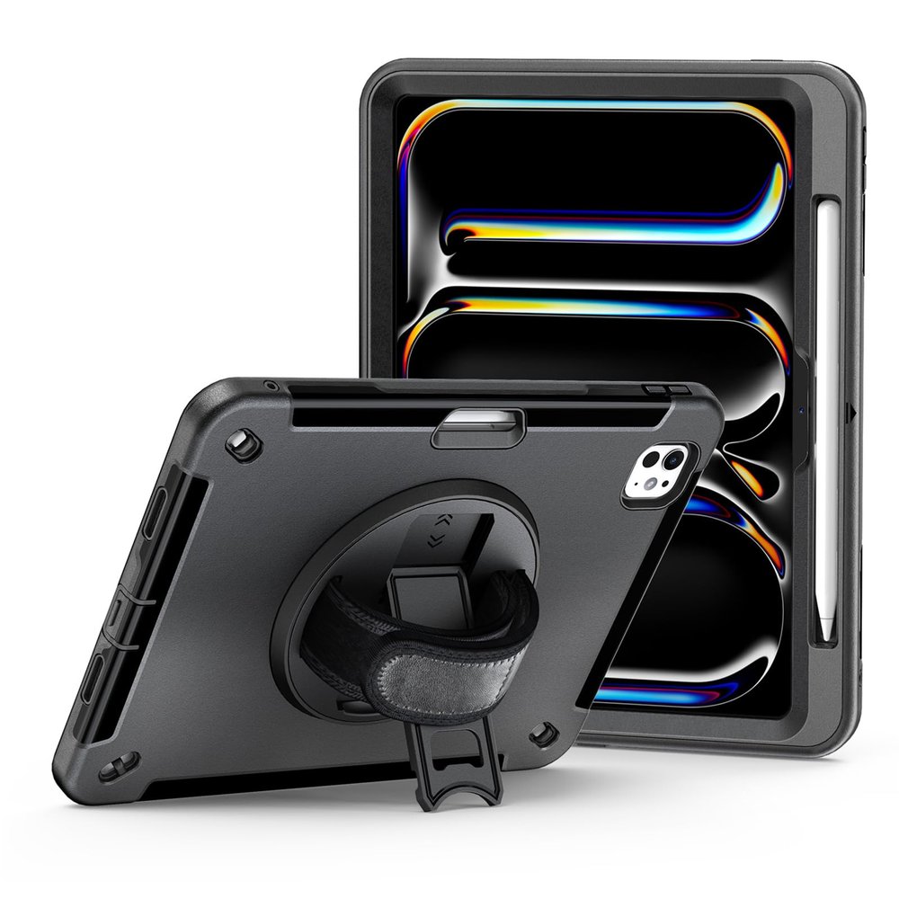 AdirMi Case for iPad Pro 13-inch (M4, 2024, 7th Gen), Upgraded Military Grade Shockproof Cover with Built-in Screen Protector & 360 Rotating Stand & Handle & Shoulder Strap,Black