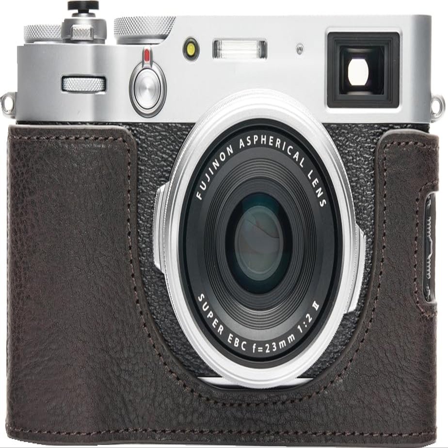 BMAOLLONGB X100V Camera Case, Handmade Genuine Real Leather Half Camera Case Bag Cover for Fujifilm X100V Camera Bottom Opening Version + Hand Strap (Coffee)