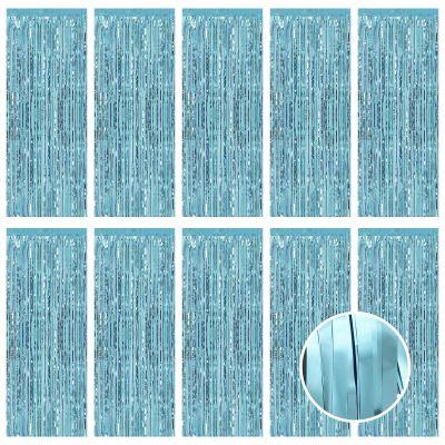 10 Pack Blue Foil Curtain Backdrop 3.2ft x 9.8ft Metallic Tinsel Foil Fringe Curtains Streamer Photo Booth Backdrop for Birthday Party Engagement Bachelorette Party Decorations (Light Blue)