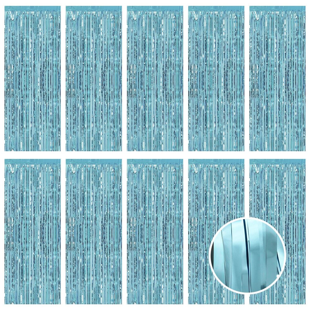 10 Pack Blue Foil Curtain Backdrop 3.2ft x 9.8ft Metallic Tinsel Foil Fringe Curtains Streamer Photo Booth Backdrop for Birthday Party Engagement Bachelorette Party Decorations (Light Blue)
