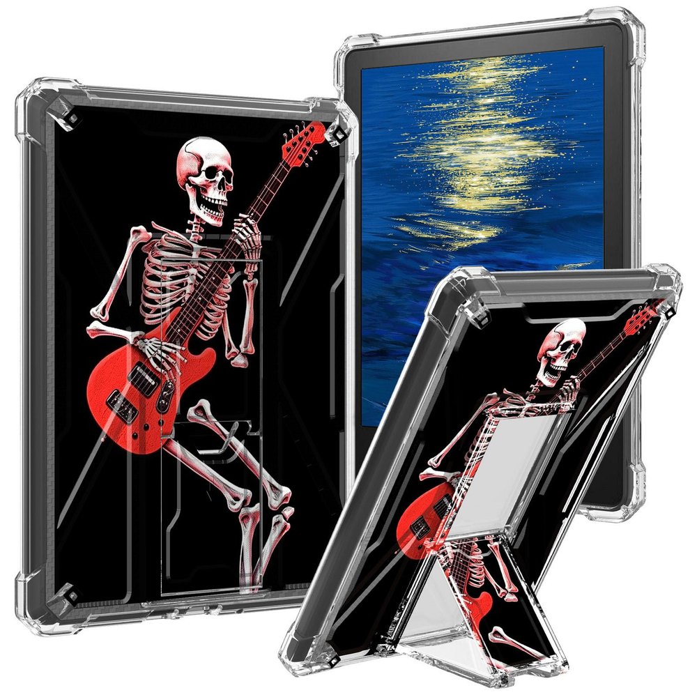 GFRGTFHYT Clear Case for 6.8" Kindle Paperwhite (11th Generation-2021) and Kindle Paperwhite Signature Edition Case with Stand Kickstand Slim Transparent Soft TPU Cover,Black Human Skeleton Guitar