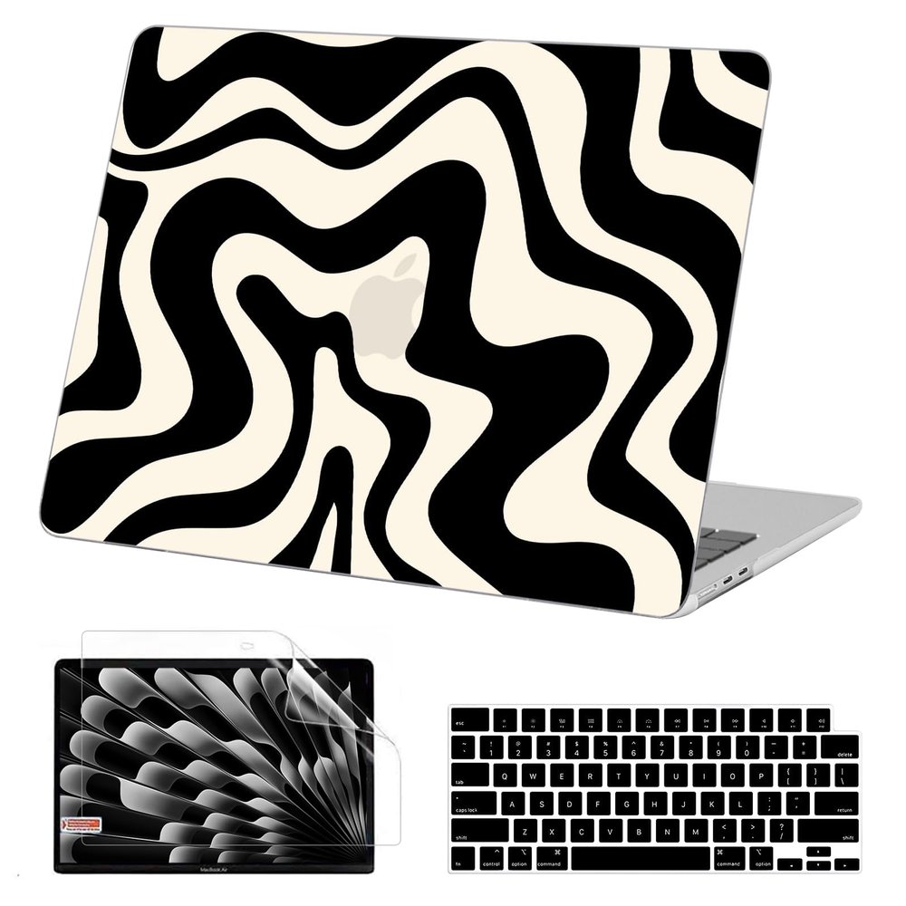 AKIT Compatible with MacBook Air 13 inch Case 2026 2025 2024-2022 M4 M3 M2 A3240 A3113 A2681, Pattern Hard Shell Laptop Case+Screen Protector+Keyboard Cover for MacBook Air 13.6 inch, Black Wave