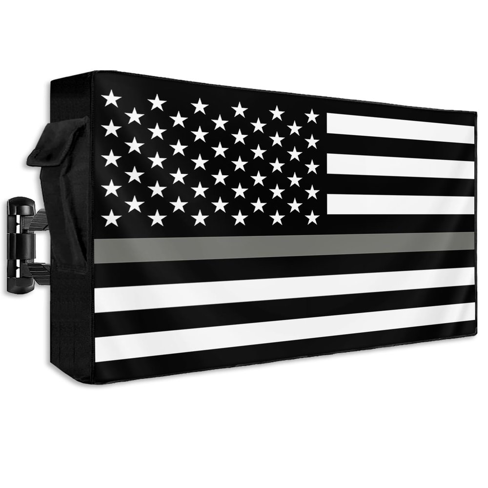 Lsrtoss American Flag Outdoor TV Cover 70-75 Inch Weatherproof, Grey White Striped Outdoor TV Enclosure with Zipper & Roll Up Front Flap, USA Flag Waterproof TV Covers for Outside Flat Screen TV