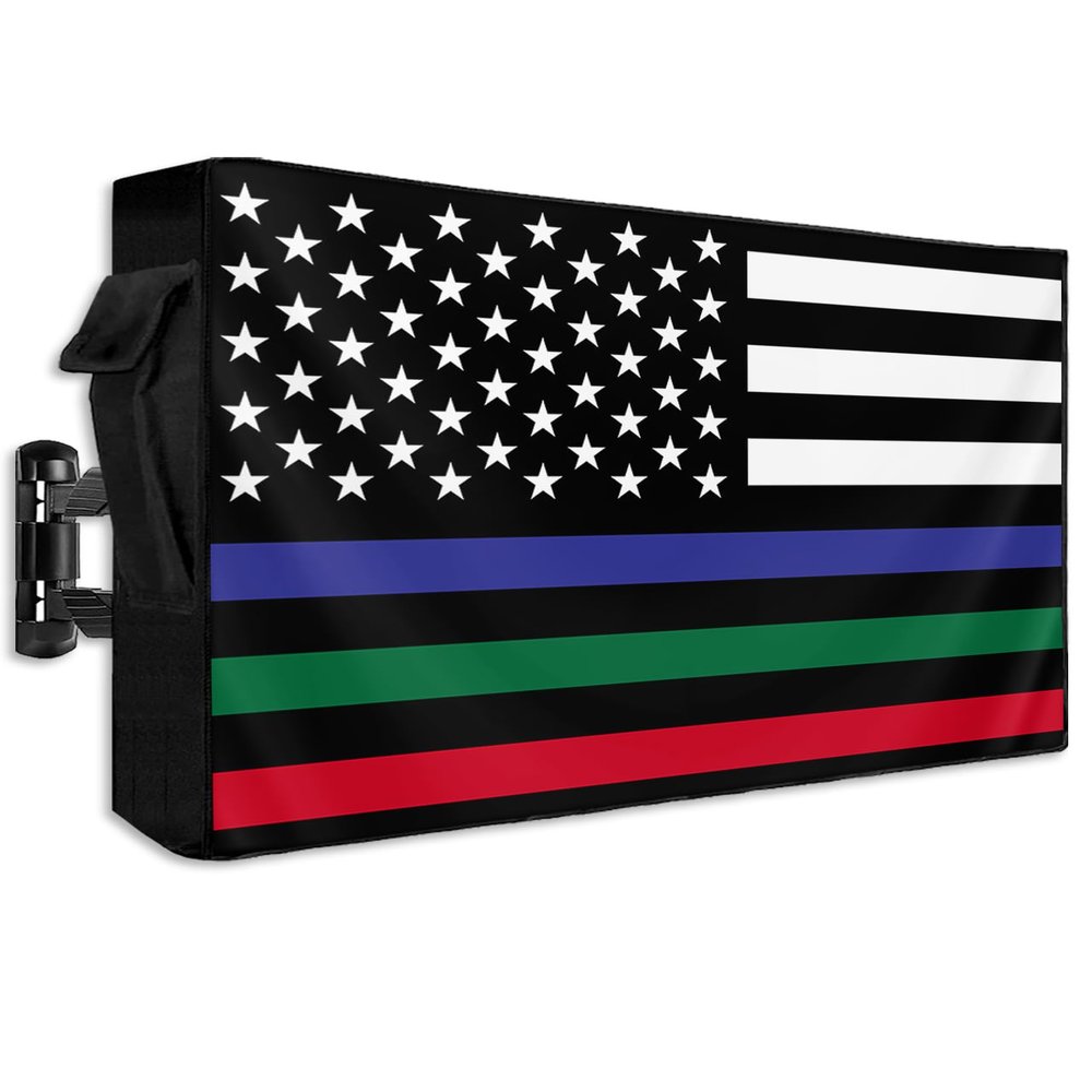 Lsrtoss American Flag Outdoor TV Cover 60-65 Inch Weatherproof, Blue Green Red White Striped Outdoor TV Enclosure with Zipper & Roll Up Front Flap, USA Waterproof TV Covers for Outside Flat Screen TV