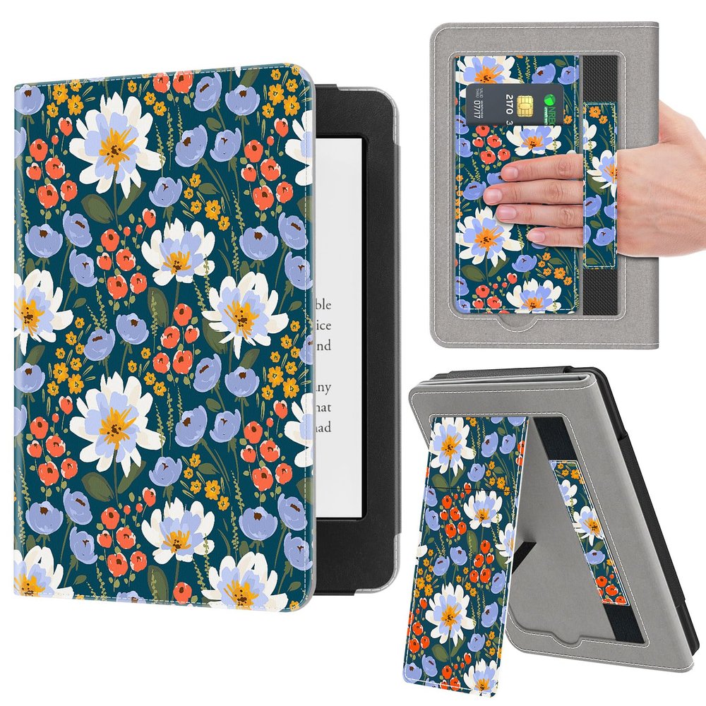 VORI Stand Case for 7"/6.8" Kindle Paperwhite (12th/11th Generation-2024/2021) and Kindle Colorsoft Signature Edition, PU Leather Case Smart Protective Cover with Auto-Wake/Sleep, Floral Bloom