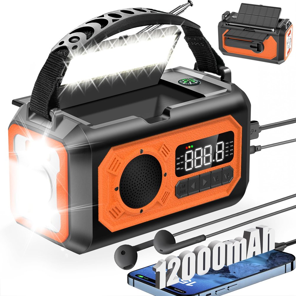 44400mWh/12000mAh Emergency Weather Radio, Hand Crank Radio Solar Radio Portable AM/FM/NOAA Radio with 2 Solar Panels 3 Charging Methods SOS Alarm 3 Mode Flashlight Phone Charger Compass Reading Lamp