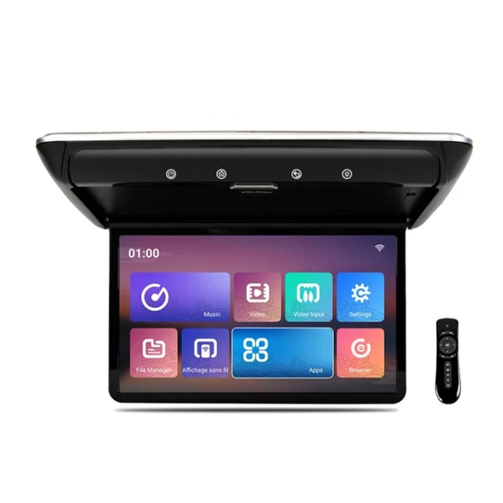 Kunfine Android Car Overhead Player 15.6 Inch Wide IPS Screen Video Car Roof Mount Monitor with Built-in Stereo Speakers Flip Down Overhead Car Monitor Support Bluetooth WiFi HDMI USB NO DVDBlack-B
