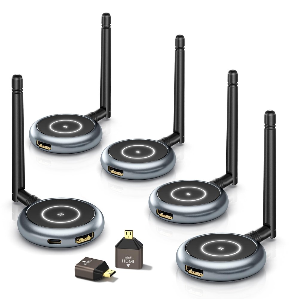 AIMIBO Wireless HDMI Transmitter and 4 Receivers, 5.8G @60Hz, Plug & Play HDMI Wireless Multiple TVs Extender for Casting Video/Audio from Laptop, Camera, TV Box to TVs, Projectors, Monitors -165FT
