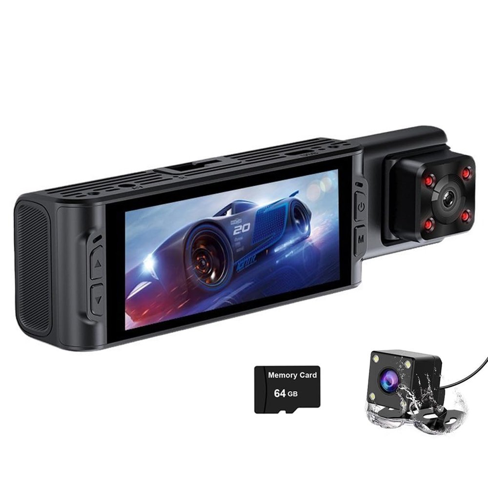 XRC TECH 3 Channel Dash Cam,Front Inside Rear Three Way Car DVR,1080P,WDR,Built in WiFi,Hidden Infrared LED LightIR Night Vision,24-Hour Parking Monitoring(64G Card Included), black