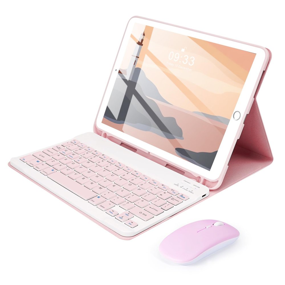 SOPPY Bluetooth Keyboard Case with Mouse for iPad 9th Gen 2021, 8th Gen 2020, 7th Gen 2019 10.2", Air 3 & Pro 10.5", Detachable Wireless Keyboard, Slim Protective Cover, Rechargeable, Pink