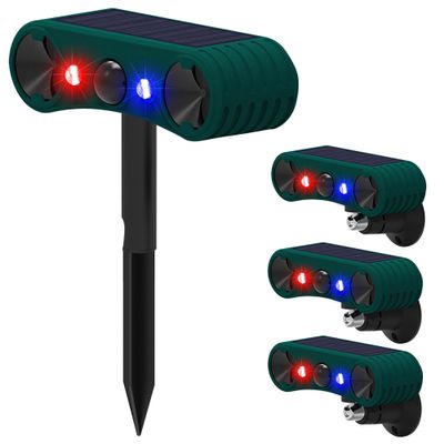 QXMH Solar Indoor&Outdoor Motion Sensor Alarm-129dB Loud Siren Noise Maker, 4 Modes, Ultrasonic Security Alarm, Red&Blue Motion Activated Strobe Light (4 Pack)