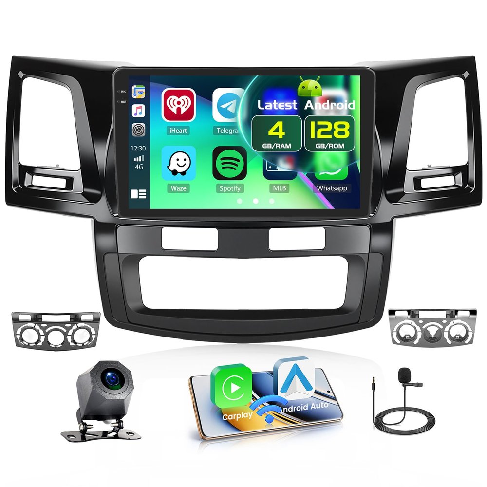 Fuluku 4+128GB Android 15 Car Stereo for Toyota Hilux Fortuner 2005-2014 Wireless Carplay Android Auto, 9 Inch Incell Touch Screen Car Stereo with GPS, Backup Camera, Bluetooth, FM/RDS, EQ, WiFi, SWC