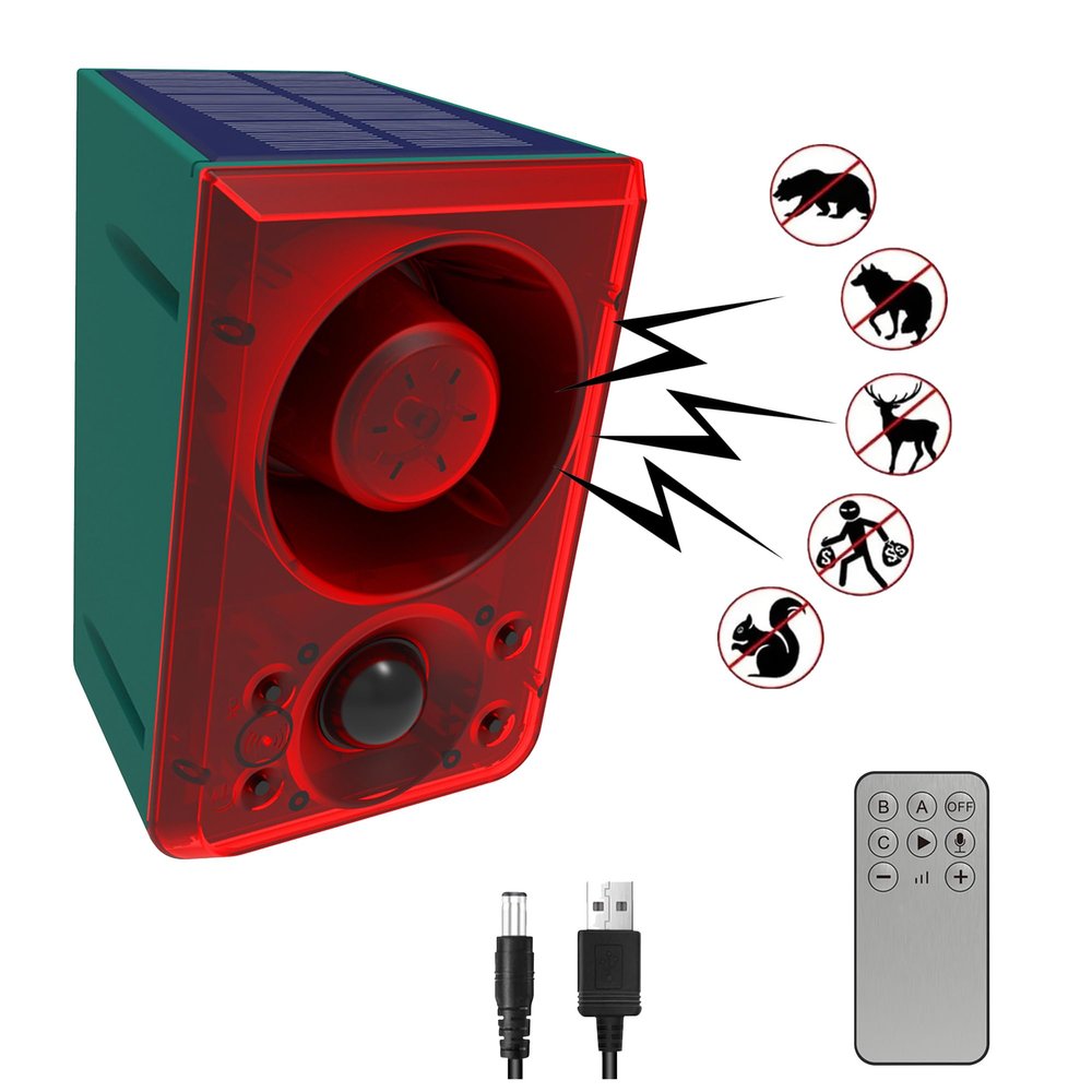 QXMH Solar Motion Sensor Alarm Outdoor - Dog Barking & Gunshot Sound, Support Recording&Volume, 130db Loud Noise Maker, with Remote Controller for Home, Villa,Farm,Barn,Yard,Chicken coop (1 Pack)