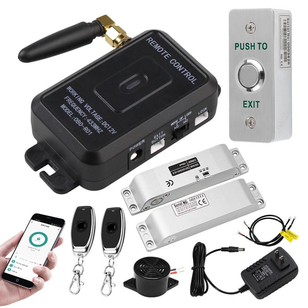 HERNAS Smart Phone APP Unlocking Access Control System Kit, with Remote Controllers/Electric Mortise Lock/Power Adapter/Metal Shell Exit Button, Lock Delay Time Adjustable