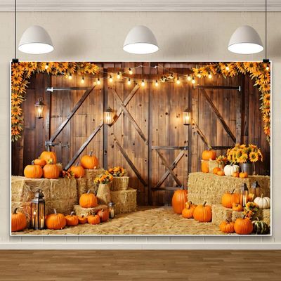 ChloropLastid 15x8ft Fall Thanksgiving Photography Backdrop Rustic Wooden Barn Door Farm Harvest Background for Photography Autumn Pumpkins Haystack Sunflower Portrait Photoshoot Studio Props