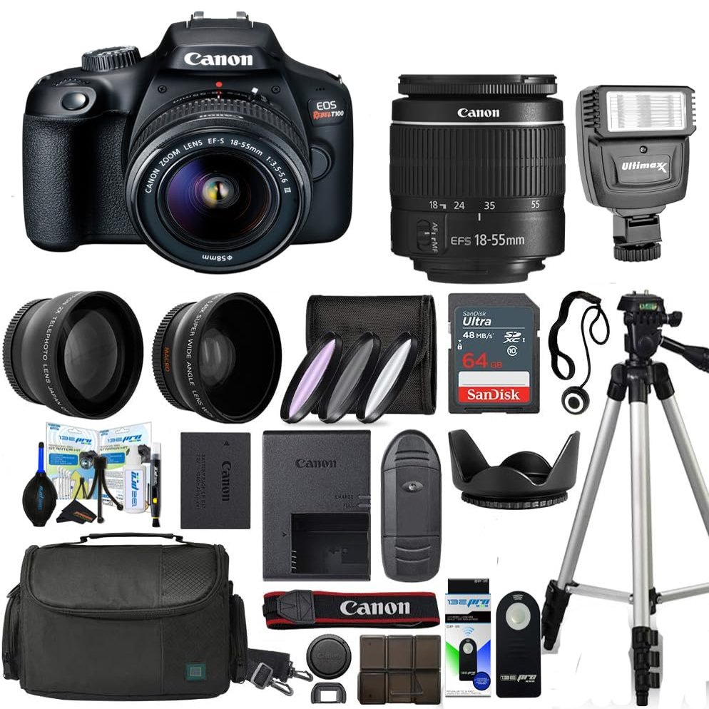 Canon EOS Rebel T100 DSLR Camera with 18-55mm f/3.5-6.3 III Lens with Sunshine Advance Accessories Bundle, Black, CAT100-1855MM (Renewed)