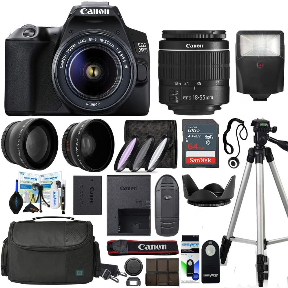 Canon EOS 250D / Rebel SL3 Digital SLR Camera Body w/Canon EF-S 18-55mm f/3.5-5.6 Lens 3 Lens DSLR Kit + Sunshine Advanced Accessories Bundle - (International Model) (Renewed)