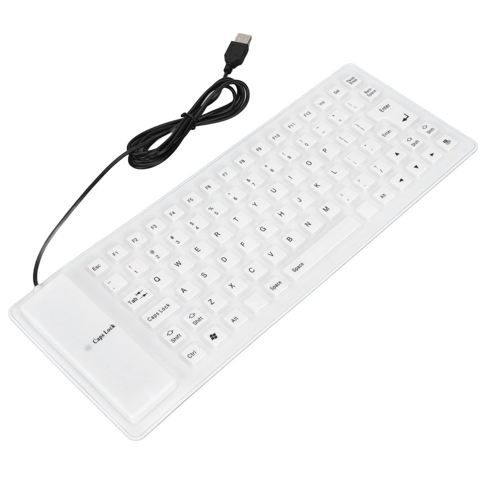 Akozon USB Wired Silicone Keyboard, 85 Keys, Fully Sealed, Lightweight, Portable, Silent, Soft and Comfortable, Rollup Design for PC, Notebook, Laptop - Black (White)