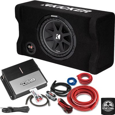 KICKER Subwoofer and Amp Package of 3 Items - 12" Comp 300 Watt Single Sub Enclosure, DS18 Class D Monoblock Amplifier, and Complete 4AWG Wiring Kit 48CDF124+ION600.1D+AMPKIT4
