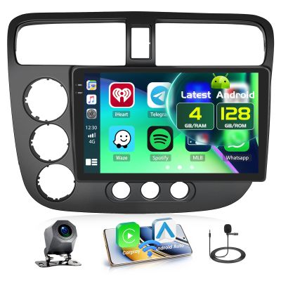 Fuluku 4+128GB Android 15 Car Stereo for Honda Civic 2001-2005 Wireless Carplay Android Auto, 9 Inch Incell Touch Screen Car Stereo with GPS, Backup Camera, Bluetooth, FM/RDS, EQ, WiFi, SWC