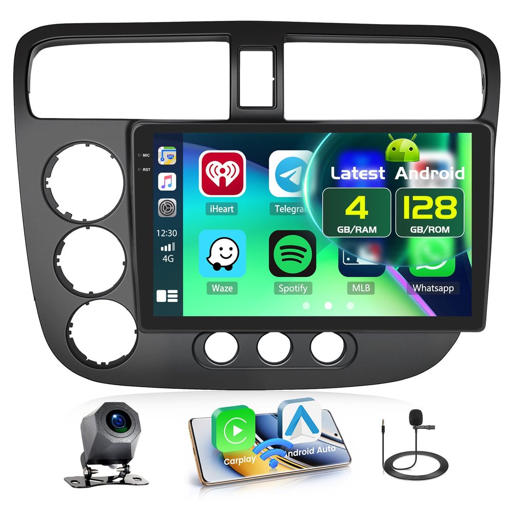 Fuluku 4+128GB Android 15 Car Stereo for Honda Civic 2001-2005 Wireless Carplay Android Auto, 9 Inch Incell Touch Screen Car Stereo with GPS, Backup Camera, Bluetooth, FM/RDS, EQ, WiFi, SWC