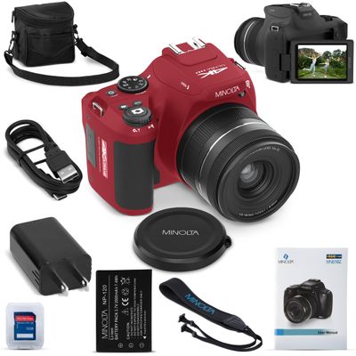 Minolta ProShot 64MP Digital Camera 10x Optical Zoom, 4K Ultra HD Video, Macro Shooting, Anti-Shake, 3-inch LCD Screen, Face Detection Includes 32GB SD Card, Battery & Case (Red)