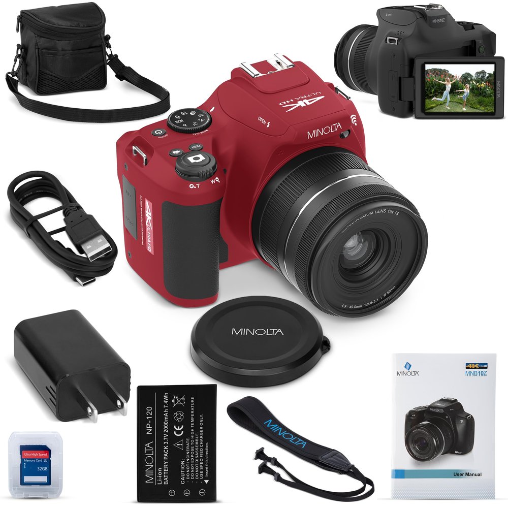 Minolta ProShot 64MP Digital Camera 10x Optical Zoom, 4K Ultra HD Video, Macro Shooting, Anti-Shake, 3-inch LCD Screen, Face Detection Includes 32GB SD Card, Battery & Case (Red)