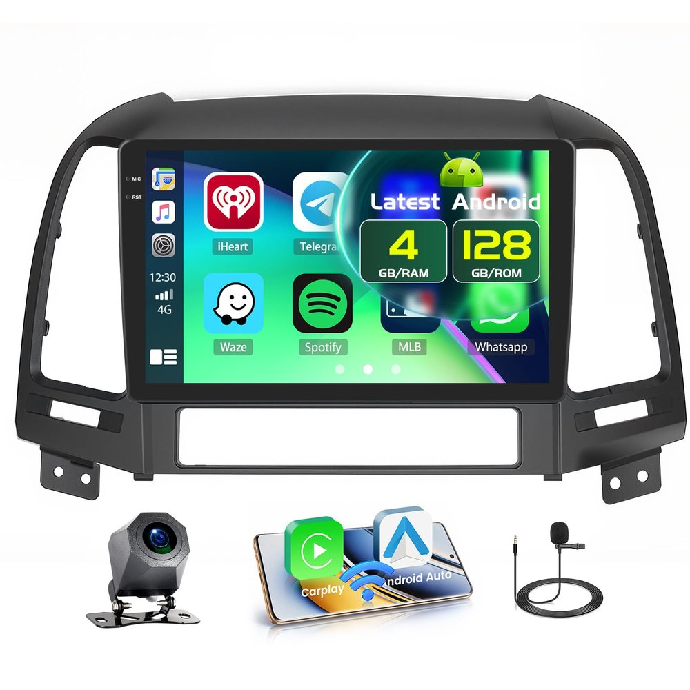 Fuluku 4+128GB Android 15 Car Stereo for Hyundai Santa Fe 2006-2012 Wireless Carplay Android Auto, 9 Inch Incell Touch Screen Car Stereo with GPS, Backup Camera, Bluetooth, FM/RDS, EQ, WiFi, SWC