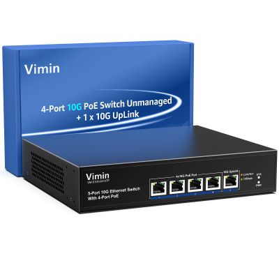 4-Port 10G PoE Switch with 10G Uplink Port, VIMIN 4-Port 10Gbe PoE Network Switch, Auto-Negotiation, for 10G NAS Network, Support IEEE802.3af/at, Plug & Play, 65W, 100Gbps Switching Capacity