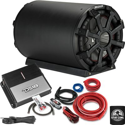 KICKER Subwoofer and Amp Package of 3 Items - 10" TB 800 Watt Single Sub Enclosure, DS18 Class D Monoblock Amplifier, and Complete 4AWG Wiring Kit 46CWTB102+ION600.1D+AMPKIT4