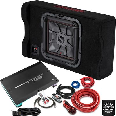 KICKER Subwoofer and Amp Package of 3 Items - 12" L7TDF 1200 Watt Single Sub Enclosure, DS18 Class D Monoblock Amplifier, and Complete 4AWG Wiring Kit 49L7TDF122+FX1+AMPKIT4