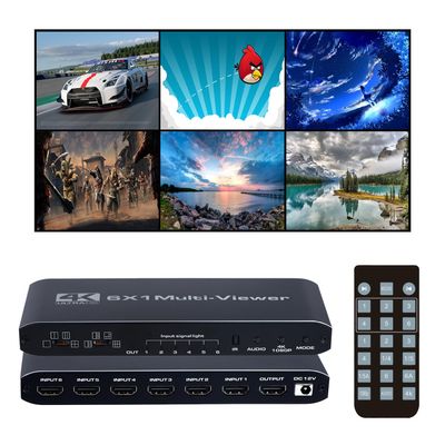 HDMI Multiviewer Switch 6x1, Quad Seamless Switcher 6 in 1 Out with IR Remote Control, Support 4K Full HD and 9 Display Modes for Security Camera, Gaming Consoles