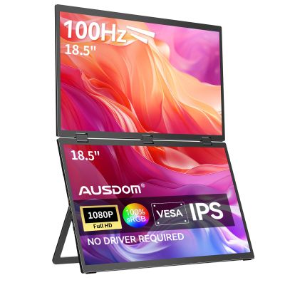 AUSDOM 18.5" Stacked Dual Portable Monitor for Laptop, 100Hz 1080P Foldable Screen Extender, 360 Folding Double External Display with Stand & VESA, USB-C, mini-HDMI, Travel Monitor for Win/Mac, Black