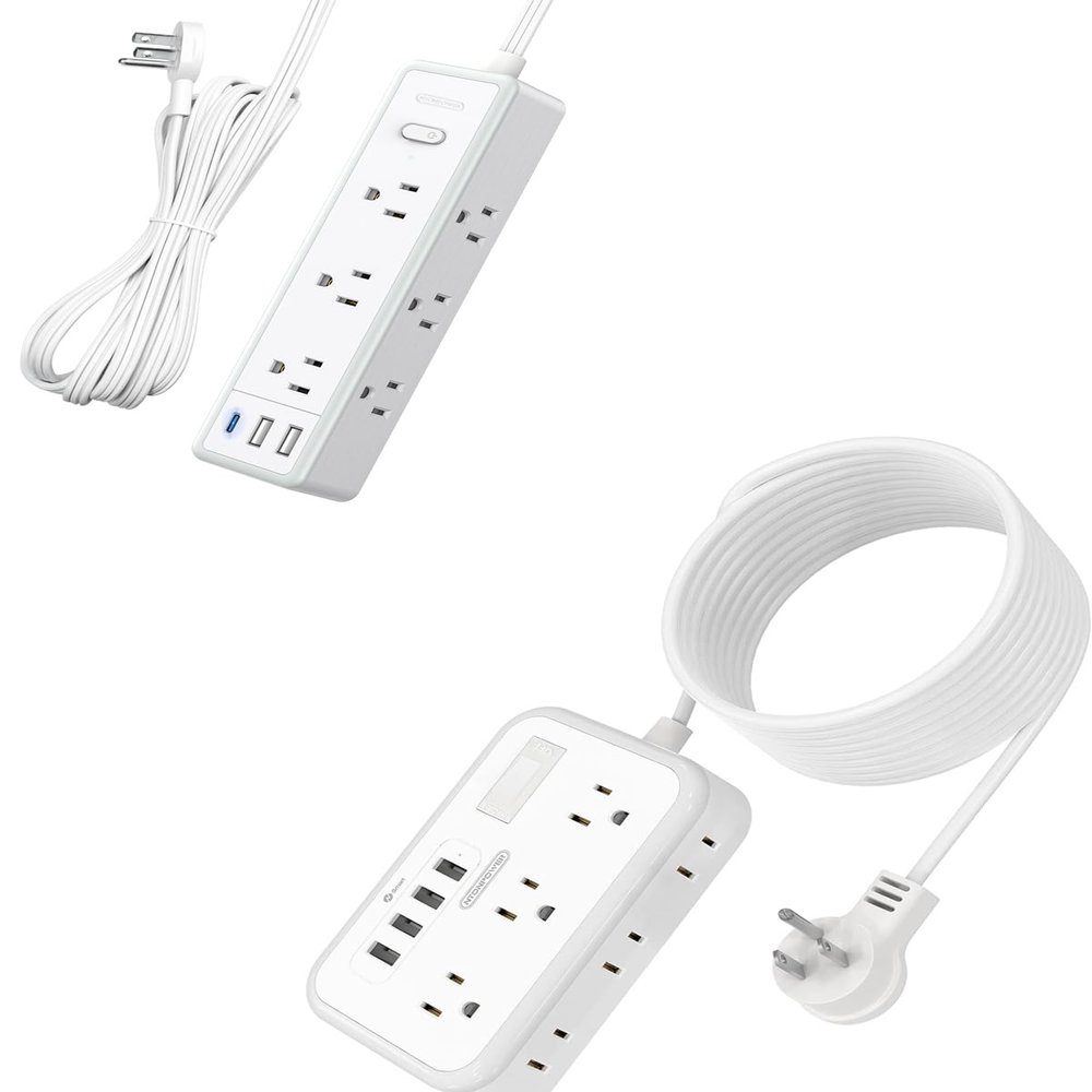 Extension Cord 15 ft+5ft, Surge Protector Power Strip with 15 Outlets 7 USB Ports, Flat Plug, Wall Mount Outlet Extender, 1080 Joules, Multiple Outlets