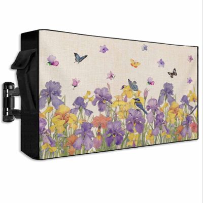 Outdoor Waterproof TV Cover for 70-75 inch, Linen Iris Watercolor Butterfly Plant Pattern Oxford 600D Weatherproof Outside Flat Screen TV Cover, TV Protective Cover Compatible LCD LED, Zipper