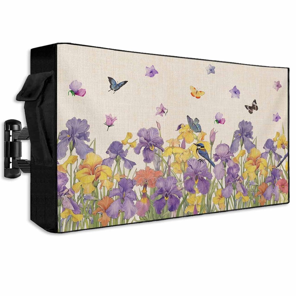Outdoor Waterproof TV Cover for 70-75 inch, Linen Iris Watercolor Butterfly Plant Pattern Oxford 600D Weatherproof Outside Flat Screen TV Cover, TV Protective Cover Compatible LCD LED, Zipper