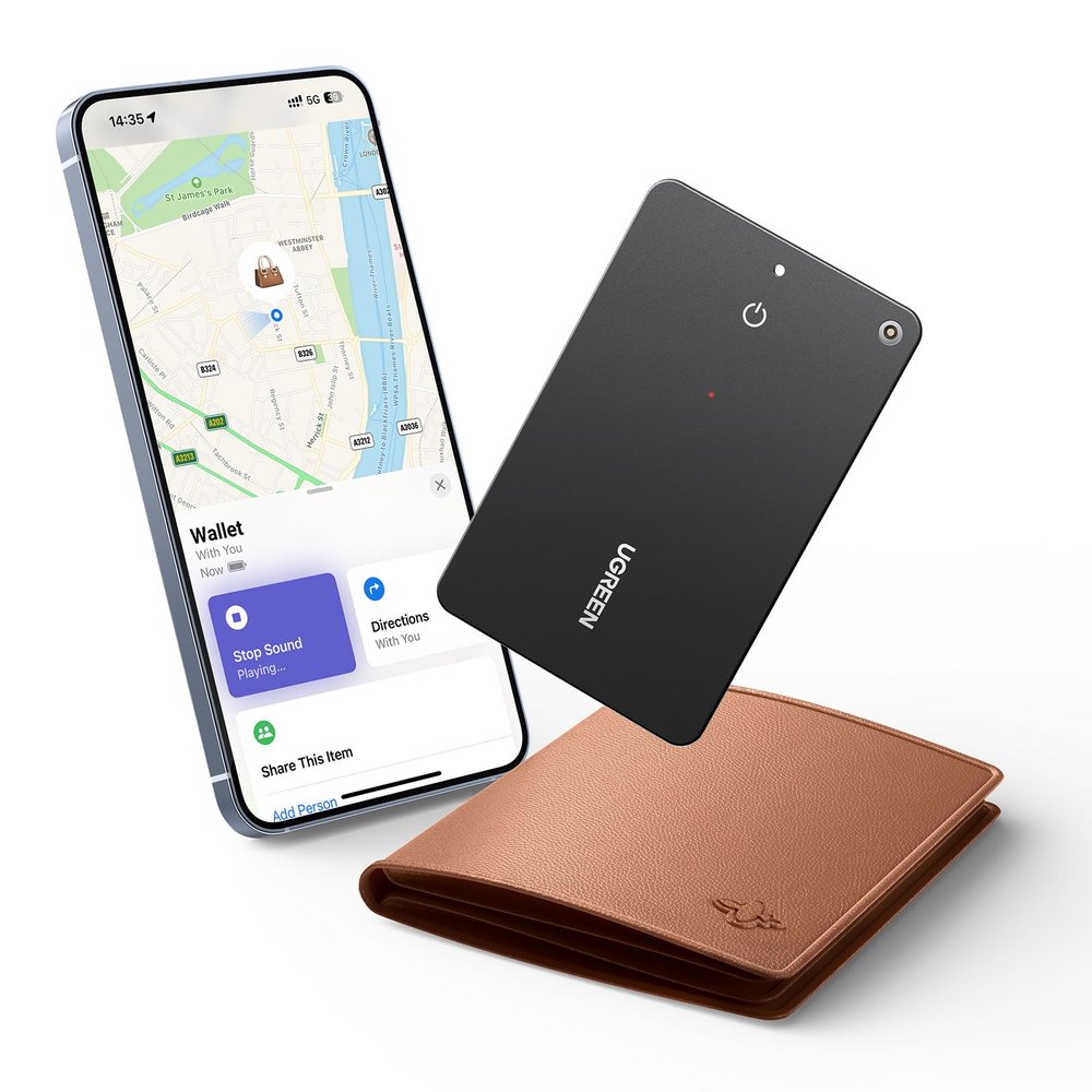 UGREEN FineTrack Slim Wallet Tracker Card (iOS Only), Bluetooth Tracker Card Finder 0.07in &IP68 Waterproof &One Charge Lasts A Year, Work with Apple Find My Rechargeable Tracker[Apple MFi Certified]