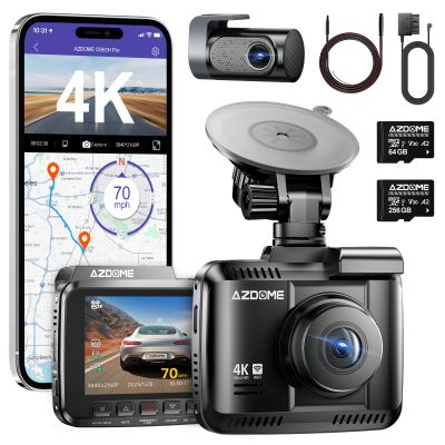 AZDOME WiFi 4K Dash Cam Front and Rear with 256GB SD Card, 4Pin 20ft Extend Cable and OBD Type C Port Hardwire Kit
