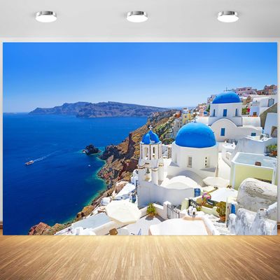 7x5ft Greece Santorini Island Backdrop Blue Aegean Sea Landscape Photography Background Greece Theme Party Decorations Wallpaper Supplies Wedding Photo Booth Props