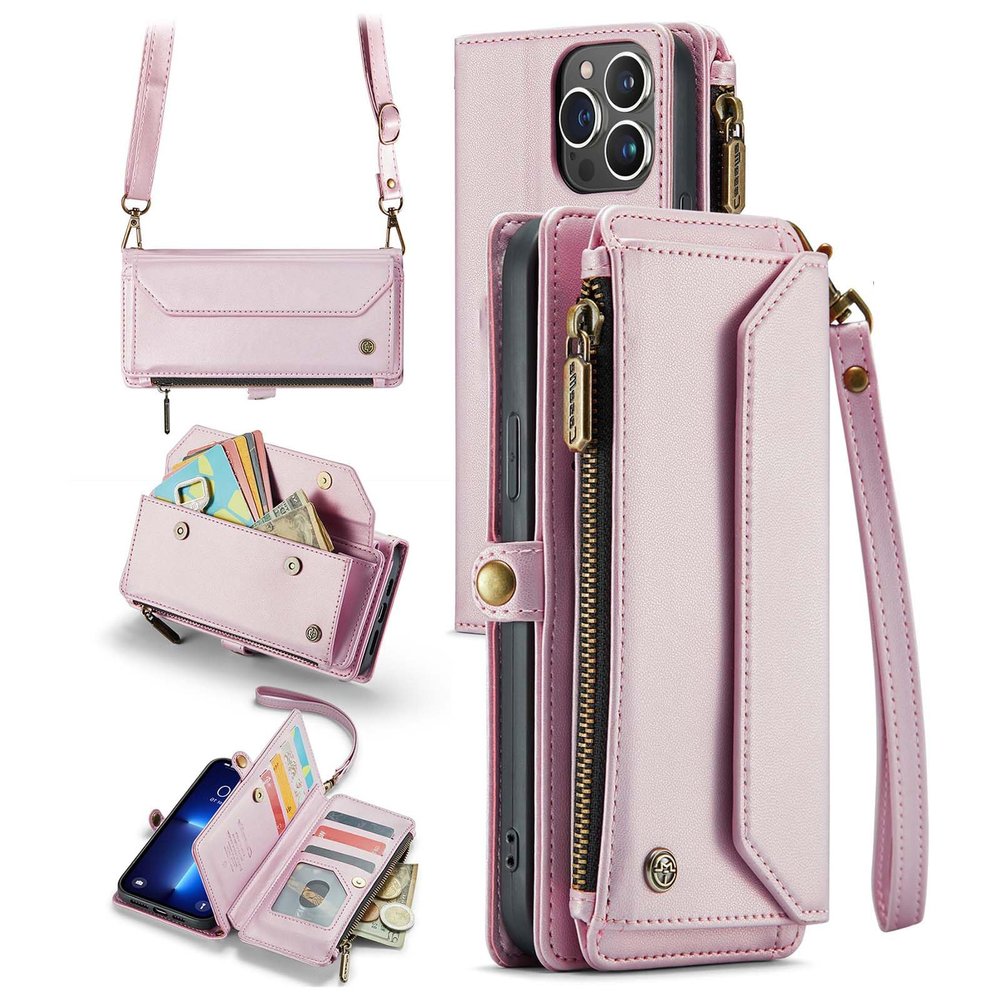 Personalised Card Holder Zipper Wallet Crossbody Phone case for iPhone15/14/13, for Samsung Galaxy Series, Personalized Magnetic Wallet Case with Long Shoulder Strap (Pink,for Galaxy S22Ultra)