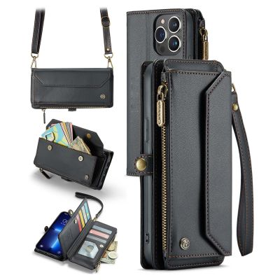 Personalised Card Holder Zipper Wallet Crossbody Phone case for iPhone15/14/13, for Samsung Galaxy Series, Personalized Magnetic Wallet Case with Long Shoulder Strap (Black,for iPhone 14ProMax)