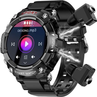 Desong Smart Watch with Earbuds for Android iPhone,1.52 inch HD Screen Fitness Tracker with Sleep Monitor Pedometer,All-in-one Local Music Smartwatches,Long Time Standby TWS Music Watch for Men